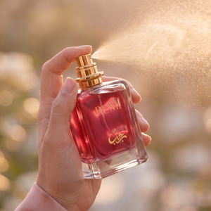 A hand holds a bottle of Dior Sauvage perfume, spraying a fine mist. The bottle is clear glass filled with deep red liquid and features a gold spray nozzle.